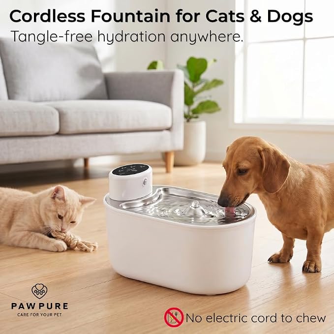 Cat Water Fountain Stainless Steel & Cordless Dog Water Fountain, Automatic Pet Water Dispenser Bowl, Wireless 30-Day Battery, 20dB Ultra-Quiet, for Cats & Small/Medium Dogs, 3L/108oz