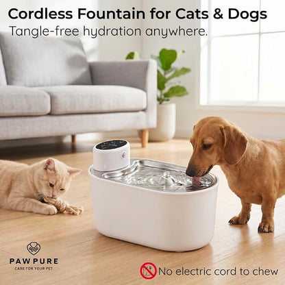 Cat Water Fountain Stainless Steel & Cordless Dog Water Fountain, Automatic Pet Water Dispenser Bowl, Wireless 30-Day Battery, 20dB Ultra-Quiet, for Cats & Small/Medium Dogs, 3L/108oz