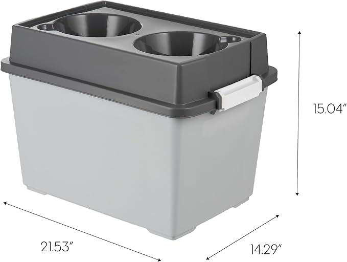 IRIS USA Dog Bowls Elevated with Storage, 15" H Raised Feeding Station, Dog Bowl Stand with Airtight Food Storage Holds 47 lbs, 2 Removable 64 oz Stainless Steel Bowls for Large Dogs, Smoke/Black