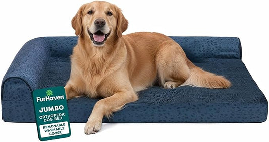 Furhaven Orthopedic Dog Bed for Large Dogs w/ Removable Bolsters & Washable Cover, For Dogs Up to 95 lbs - Plush & Almond Print L Shaped Chaise - Blue Almonds, Jumbo/XL