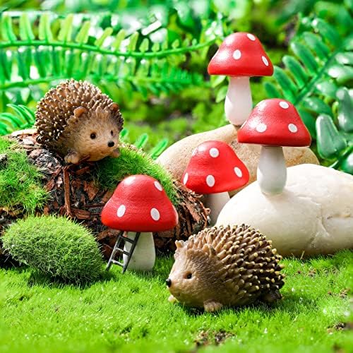 Queekay Fairy Garden Hedgehog Miniature Figurines, Resin Mushroom Decor