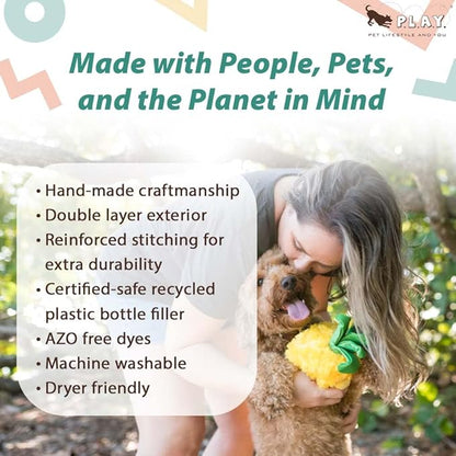 P.L.A.Y. PET LIFESTYLE AND YOU P.L.A.Y. Cute Plush Dog Toys - Tropical Paradise Summer Themed 4-in-1 Squeaker Chew Toy, Great for Puppies Dogs, Machine Washable (Paws Up Pineapple)