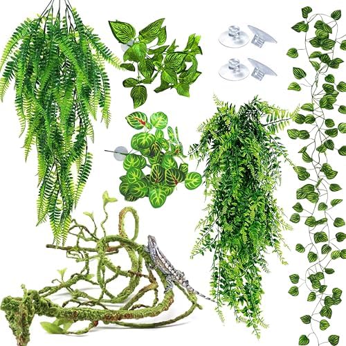 Reptile Plants for Terrarium Tank – Bearded Dragon Tank Accessories, Artificial Hanging Plant Vines, Habitat Decor & Hide for Crested Gecko, Lizard, Snake, Chameleon and Ball Pythons(Group B)