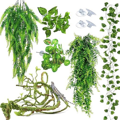 Reptile Plants for Terrarium Tank – Bearded Dragon Tank Accessories, Artificial Hanging Plant Vines, Habitat Decor & Hide for Crested Gecko, Lizard, Snake, Chameleon and Ball Pythons(Group B)