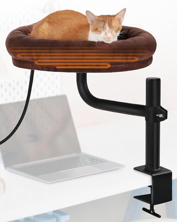 Heated Cat Bed for Desk Indoor, Heated Pet Bed Hammock for Home Office Workspace with Adjustable Mount & 360° Rotation Arm, Small Cute Raised Round Cat Pet Bed Heater Cat Window
