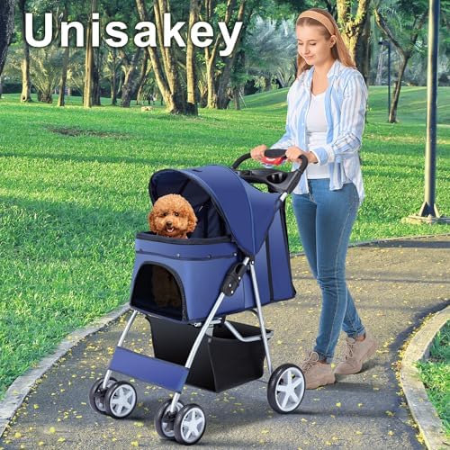 Unisakey Foldable 4-Wheel Pet Stroller for Dogs Cats 10-33lbs, Navy Blue