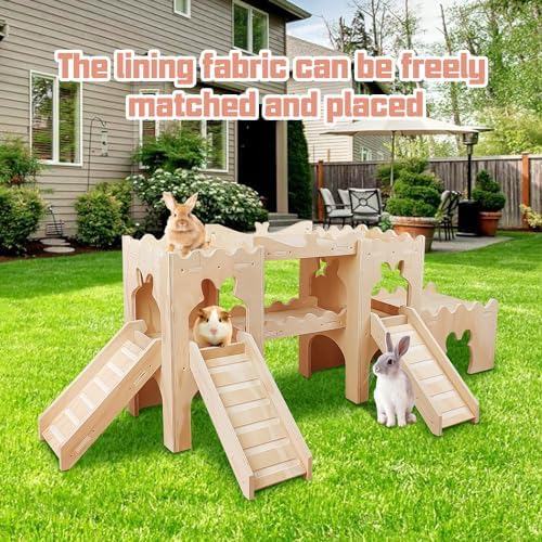 Extra Large Wooden Rabbit Castle Hideaway Tunnel and Bed Small Animal Hideaway Hut Solid Safe Construction Play Hideaway Hut for Rabbit Guinea Pig Chinchilla