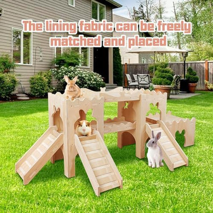 Extra Large Wooden Rabbit Castle Hideaway Tunnel and Bed Small Animal Hideaway Hut Solid Safe Construction Play Hideaway Hut for Rabbit Guinea Pig Chinchilla
