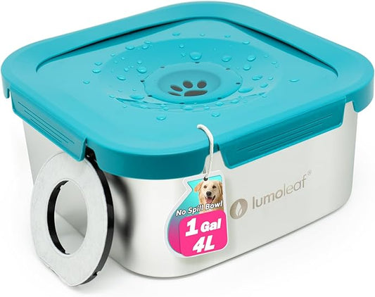 LumoLeaf 1 Gallon No Spill Dog Water Bowl, Stainless Steel Splash Proof Max Capacity Dog Water Bowl 4 Liter, Non-Slip Slow Water Feeder Dispenser with Replacement Filter, Vehicle Travel Water Bowl