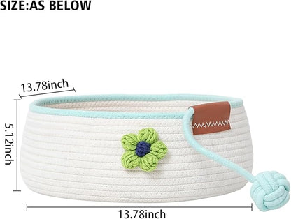 Natural Cat Bed Cotton Rope Woven for All Seasons Cat Nest Basket Washable,Cute Green Flower Decor,Cozy Kitten Mat Scratcher Round Shape for Indoor(White)