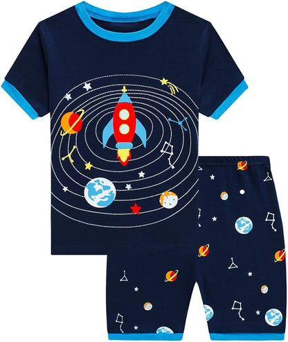 Popshion Boys Pajamas 100% Cotton Toddler Clothes Summer Pjs for Boy Planet Dinosaur Sleepwear Kids Short Sets 2-10 Years