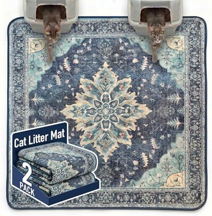 Hompet Cat Litter Mat 2 Pack, 72x72 Large Machine Washable Trapping Mats for Cats, Super Absorbent & Urine-Proof Cat Litter Box Mat for Floor, Waterproof & Non Slip Kitty Litter Rug