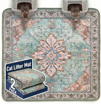 Hompet Cat Litter Mat 2 Pack, 72x72 Large Machine Washable Trapping Mats for Cats, Super Absorbent & Urine-Proof Cat Litter Box Mat for Floor, Waterproof & Non Slip Kitty Litter Rug