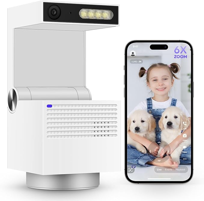 Genie S 2.7K HD Indoor Security Camera with 6X Zoom, 2-Way Audio, Privacy Protection, Motion Tracking for Baby & Pet, 350° Pan & 135° Tilt, 64GB Local Storage, Compatible with Alexa