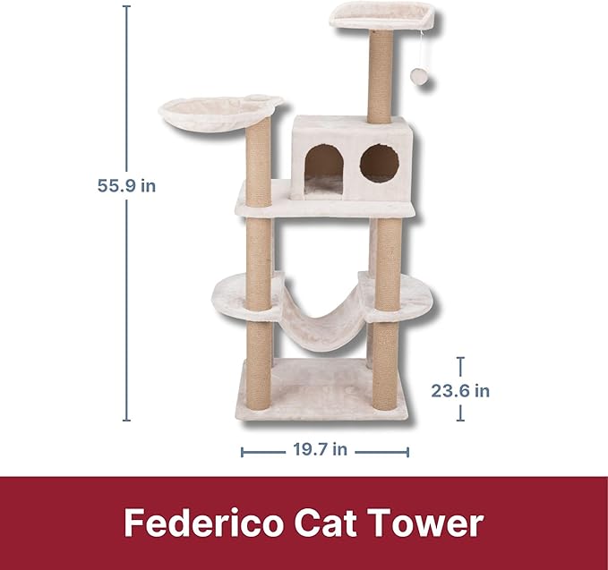 TRIXIE 56" Federico Cat Tower - Indoor Cat Furniture with Jute Scratching Posts - Tree with Condo, Platforms, Hammock, Dangling Toy - Greige