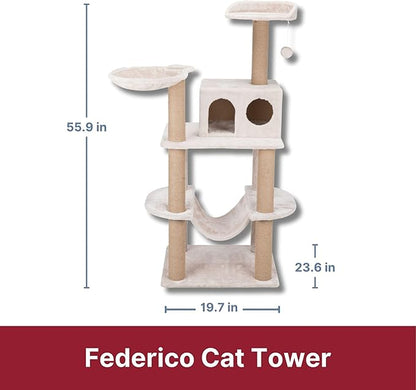 TRIXIE 56" Federico Cat Tower - Indoor Cat Furniture with Jute Scratching Posts - Tree with Condo, Platforms, Hammock, Dangling Toy - Greige