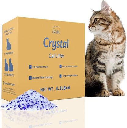 LMJP Crystal Cat Litter with Powerful Odor Control, Non-Clumping, Lasts Up to 4 Months, 17.2lb, Rapid Water Absorption, Unscented & Low Tracking Lightweight Blue & White Silica, 4 Pack of 4.3lb
