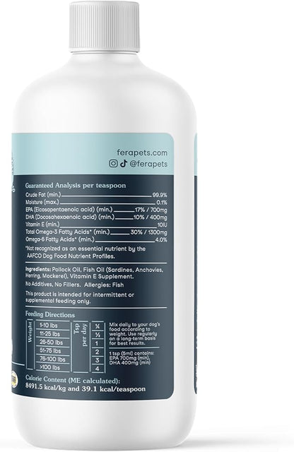 Fera Pets Fish Oil - Omega 3 for Dogs & Cats to Support Joints, Heart, Skin and Coat Health - Non GMO with Vitamin E - 8 oz