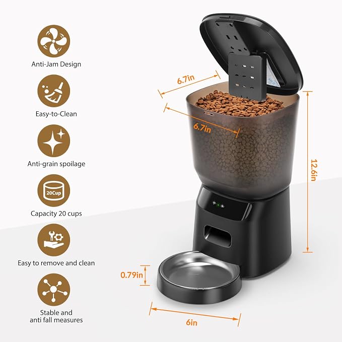 Automatic Cat Feeder WiFi, 5L Pet Feeder with App Control, 10 Meals Daily, 20 Portion Sizes, Timed Automatic Cat Food Dispenser, Stainless Steel Bowl, Dual Power Supply, Dry Food Feeder for Cats