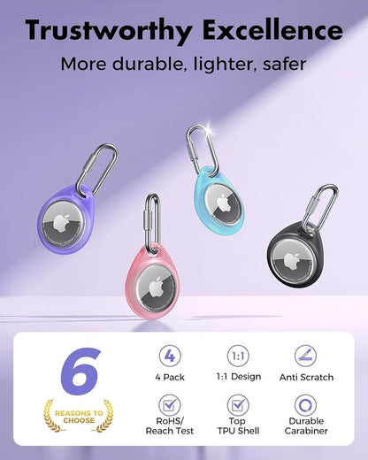 UNBREAKcable for AirTag Holder Case with Professional Carabiner, 4 Pack | Waterproof, Shockproof, Hold Securely, Easy to Install, Protective AirTag Keychain for Pets, Keys, Luggage-4 Trans Colors
