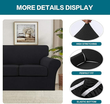 Turquoize 4 Piece Sofa Covers for 3 Cushion Couch Sofa Slipcover Soft Couch Cover for Dogs-Washable Sofa Furniture Covers with 3 Individual Cushion Covers,(3 Cushion Sofa, Black)