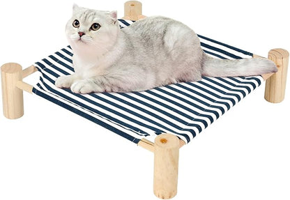 Patas Lague Cat and Dog Hammock Bed for Small Dogs, Brethable Wooden Cat Pet Rabbit Elevated Cooling Outdoor Bed Cots Furniture for All Seasons Blue Stripe