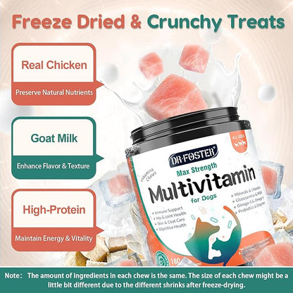 Dog Multivitamin, Dog Vitamins and Supplements, Multivitamin for Dogs with Glucosamine, Probiotics & Omega 3 for Joint, Digestive, Skin, Coat and Immune Health, Chicken Flavor - 180 Bites