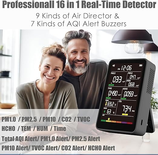 Professional Indoor Air Quality Monitor with AQI Alerts, Portable Real-Time Detector for Home, Car, Plants & Pets