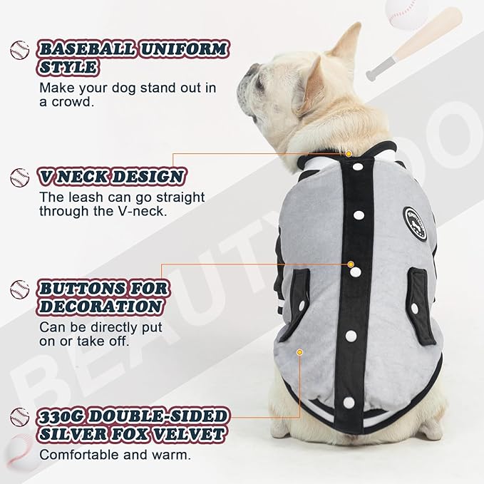 BEAUTYZOO Dog Sweaters for Small Medium Large Dogs, Dog Hoodie Warm Fleece Dogs Winter Clothes Cute Stylish Boy & Girl Dog Sweatshirts, Grey Sport Coats Baseball Uniform Jackets for Puppy, S