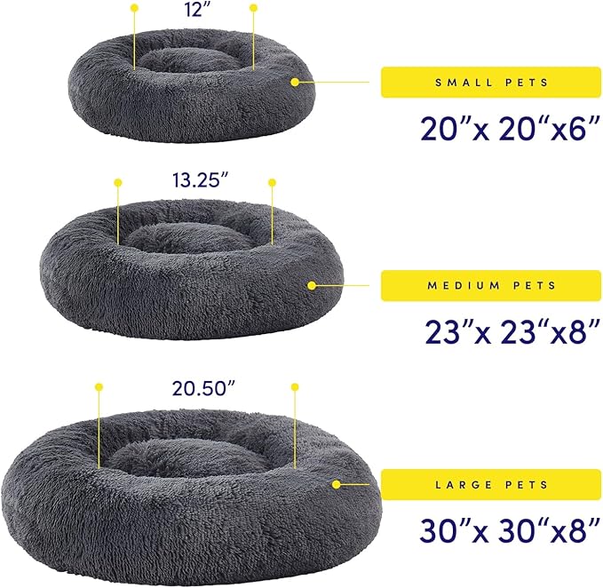 Dog & Cat Bed: Round Faux Fur Pet Bed - Plush, Cozy, & Calming Donut Bed for Medium Pets - Soft & Comfortable Sleeping Cushion for Napping & Lounging, 23" Round, Dark Gray