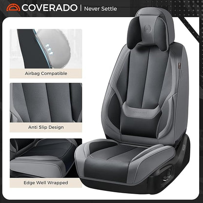 Coverado Seat Covers Full Set, 5 Seats Seat Covers for Cars, Waterproof Nappa Leather Car Seat Covers with Head Pillow, Seat Protectors Car Seat Cushion Universal Fit for Most Cars (Gray&Black)