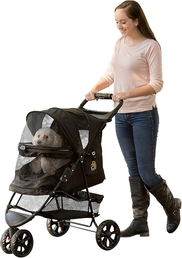 Pet Gear No-Zip Special Edition 3 Wheel Pet Stroller for Cats/Dogs, Zipperless Entry, Easy One-Hand Fold, Removable Liner, Cup Holder, Gold Monogram