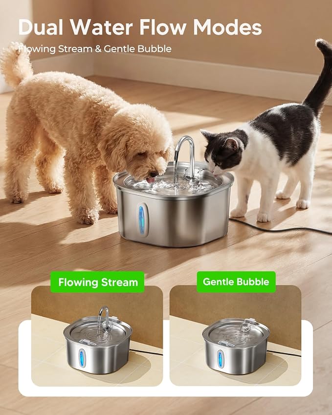 PEKTACO Cat Water Fountain, 3.2L/108oz Stainless Steel Pet Water Fountain | Cat drinking fountain, dishwasher safe, with triple filtration, quiet pump, and visible water window for cats and small pets