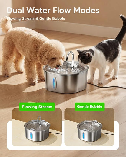 PEKTACO Cat Water Fountain, 3.2L/108oz Stainless Steel Pet Water Fountain | Cat drinking fountain, dishwasher safe, with triple filtration, quiet pump, and visible water window for cats and small pets