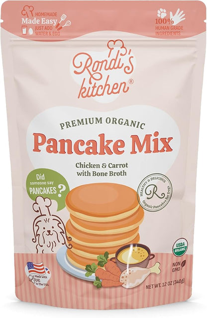 Rondi's Kitchen Organic Dog Pancake Mix - Natural Healthy Treat for All Dogs - Superfood Snack Made with Human-Grade Ingredients - Makes About 38 Pancakes - Chicken & Carrot with Bone Broth