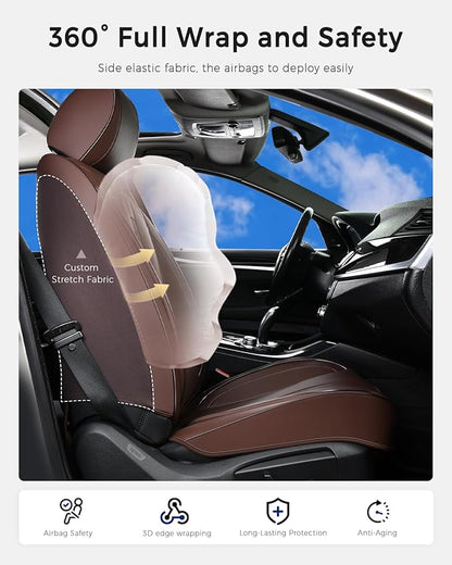 Huidasource Brown Front Seat Covers, Nappa Leather Front Car Seat Covers with Lumbar Support, Ventilation Holes, Side Elastic Fabric, Airbag, Full-Coverage Seat Covers, for Most Cars SUV Trucks, Brown