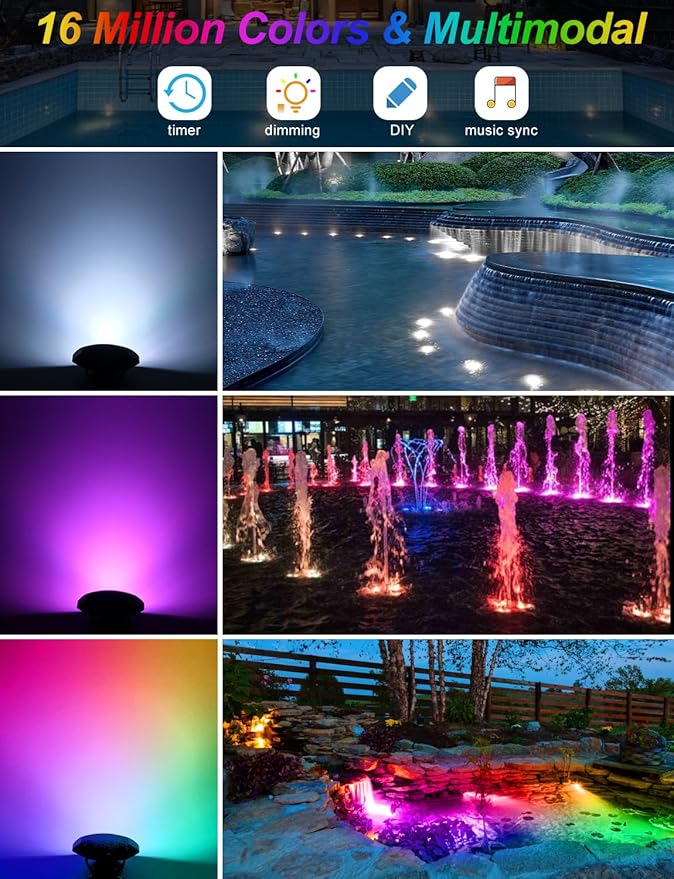 RGB Underwater Pond Lights, Super Bright LED Submersible Fountain Light Colored Landscape Spotlights, Bluetooth APP Control IP68 Waterproof for Fish Aquarium Tank Garden Yard Pool (Set of 12)