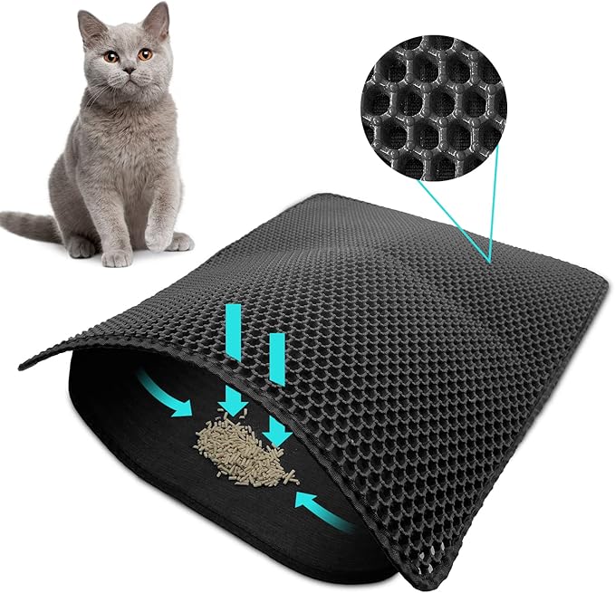 Cat Litter Mat 24x18 Inches, Honeycomb Double Layer Traps Litter & Waterproof Leatherette Bottom Prevents Urine Leaks, Durable & Easy Clean Pet Floor Protector for Cat Litter Box Area（Black）
