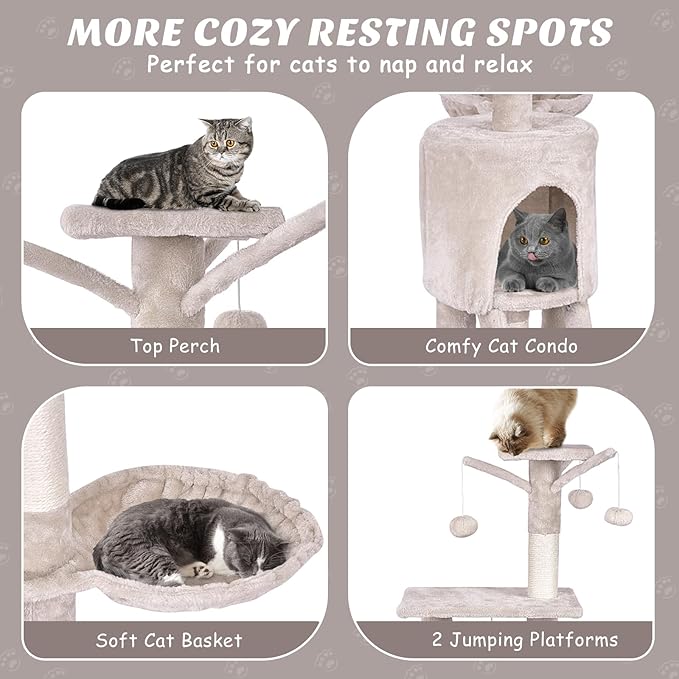 PETSITE 56 Inches Cat Tree for Indoor Cats, Multi-Level Cat Tower with Sisal Scratching Posts and Ladder, Tall Cat Tree with Top Perch, Hammock, Cat Condo & Jumping Platforms for Cats Kittens