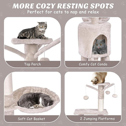 PETSITE 56 Inches Cat Tree for Indoor Cats, Multi-Level Cat Tower with Sisal Scratching Posts and Ladder, Tall Cat Tree with Top Perch, Hammock, Cat Condo & Jumping Platforms for Cats Kittens