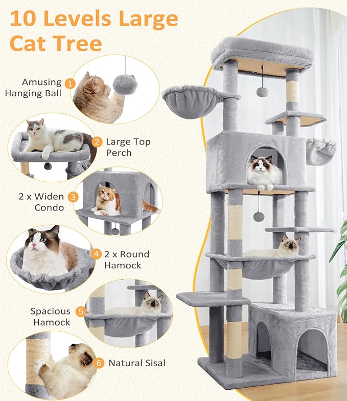 ABCPET Cat Tree Large Cat Tower Tree 68" Multi-Level Cat Tower for Indoor Cats with Sisal Scratching Posts, Widen Cat Perche, Square Hammock, 2 Widen Condos, Scratching Posts, Light Grey