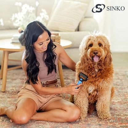 Sinko Deshedding Dog and Cat Brush, Dematting Comb with Extra Wide Double-Sided Stainless Teeth for Detangling, Deshedding, Brushing & Removing Shed Fur, Knots, Mats, and Tangles in Pets (Blue)