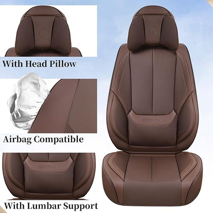 Coverado Universal Seat Covers Front, Universal Seat Covers for Cars, 2-Pack Waterproof Nappa Leather Car Seat Covers with Head Pillow, Auto Protectors Fit for Most Sedans SUV Pick-up Truck-Brown