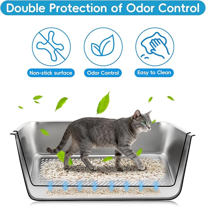 Stainless Steel Sifting Litter Box, 23.6" L x 15.7" W x 8" H Semi-Enclosed Metal Cat Litter Box with Sifting Pan, Scoop for Big Cat Easy Cleaning