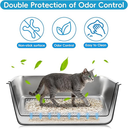 Stainless Steel Sifting Litter Box, 23.6" L x 15.7" W x 8" H Semi-Enclosed Metal Cat Litter Box with Sifting Pan, Scoop for Big Cat Easy Cleaning