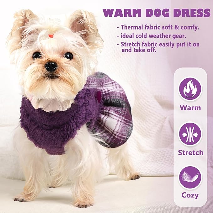 Dog Sweaters for Small Dogs Girl, Sweater Dress, Plaid Hem, Turtleneck, Fluffy Female Clothes Winter Warm Pet Fuzzy Puppy Coat Apparel Outfit Yorkie Chihuahua Clothes,Purple XXS