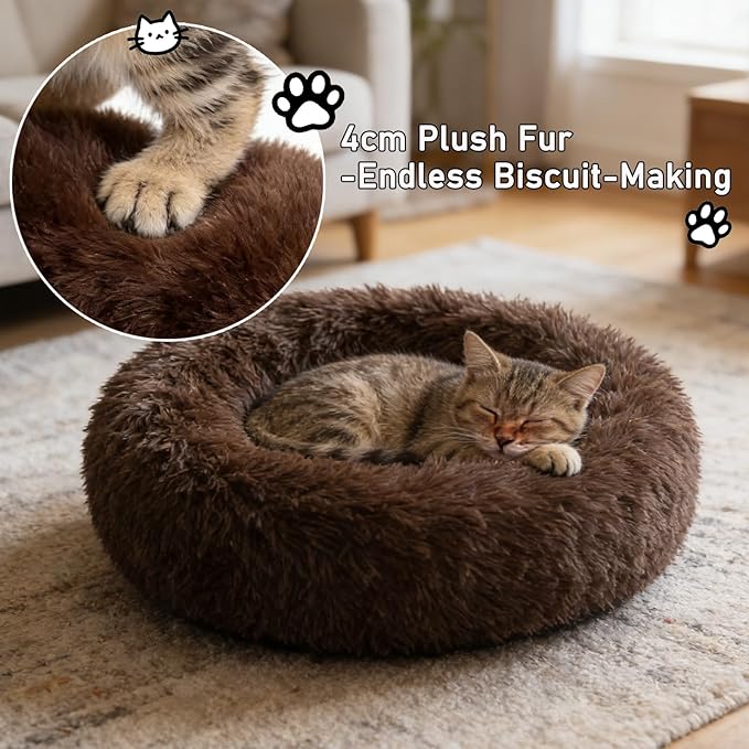 Calming Donut Dog Bed Medium Size Dog - Washable Removable Cover Non-Slip Bottom, Round Pet Bed Cat Bed Warming Fluffy Plush Faux Fur Anti-Anxiety, Fits up to 45 lbs (Coffee, 30")