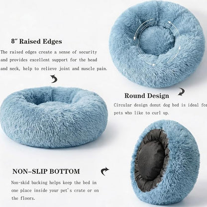 Calming Donut Dogs Beds for Small Dogs Washable,28inch Plush Round Pet Bed for Cozy Sleep,Fluffy Faux Fur Large Cat Bed,Fits up to 30 lbs Pets,Washed Blue