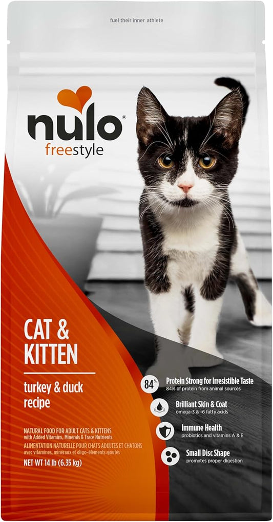 Nulo FreeStyle Cat & Kitten Dry Food - Turkey & Duck Recipe, High Protein Grain Free Cat Food, Natural Kibble with Probiotics, Omega Fatty Acids, 14lb Bag