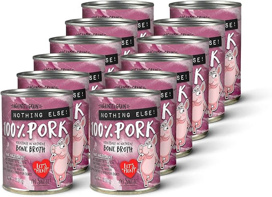 Against The Grain Nothing Else! 100% Pork Dog Food – 12 Count, 11 oz Each – Single-Ingredient Pork Loaf in Natural Bone Broth – Limited Ingredient, Grain-Free Recipe for Sensitive & Allergy-Prone Dogs